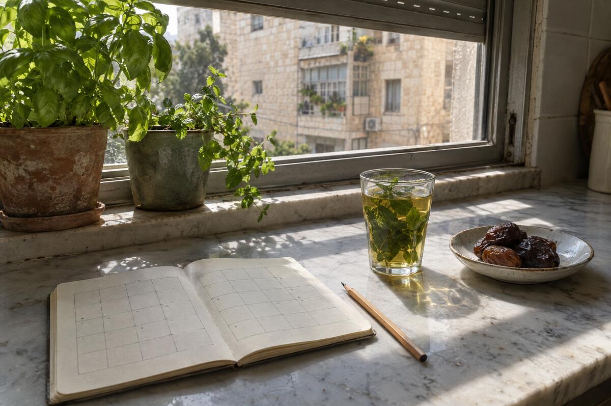 מחברת פתוחה עם טבלת משבצות ריקה, עיפרון, כוס תה עם נענע וצלחת תמרים על שיש מטבח ליד חלון בבוקר