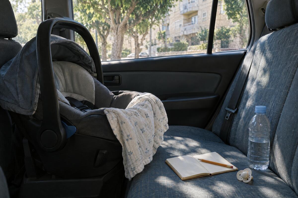 סלקל ריק עם חיתול בד במושב האחורי של רכב, ולידו פנקס פתוח עם עיפרון, מוצץ ובקבוק מים באור בוקר
